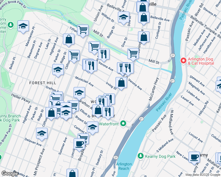 map of restaurants, bars, coffee shops, grocery stores, and more near 81 Montclair Avenue in Newark