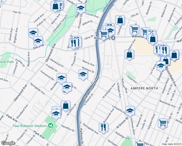 map of restaurants, bars, coffee shops, grocery stores, and more near 481 North Clinton Street in East Orange