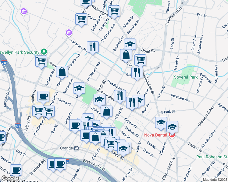 map of restaurants, bars, coffee shops, grocery stores, and more near 339 Park Avenue in City of Orange