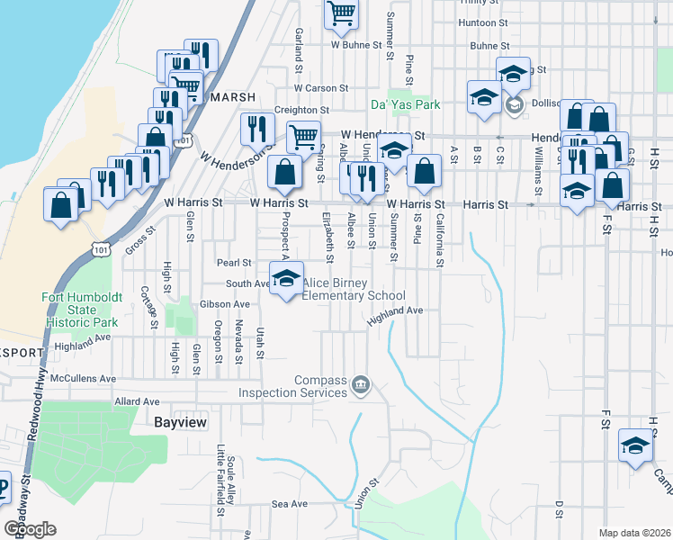 map of restaurants, bars, coffee shops, grocery stores, and more near 3339 Elizabeth Street in Eureka