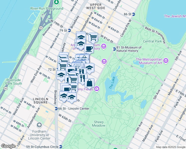 map of restaurants, bars, coffee shops, grocery stores, and more near 17 West 74th Street in New York