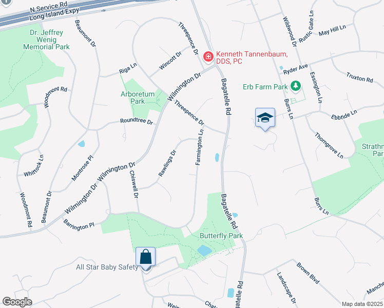 map of restaurants, bars, coffee shops, grocery stores, and more near 39 Farmington Lane in Melville