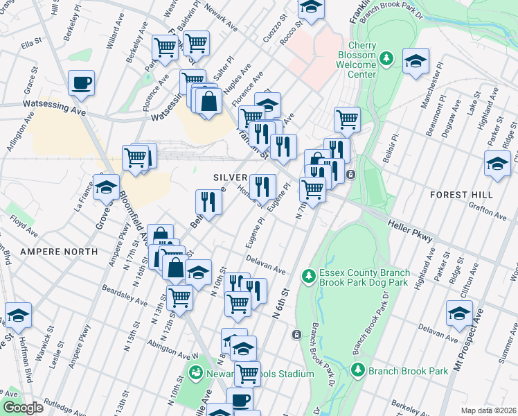 map of restaurants, bars, coffee shops, grocery stores, and more near 12 Lake Street in Belleville