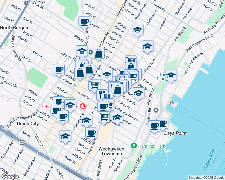 map of restaurants, bars, coffee shops, grocery stores, and more near 4504 Brown Street in Union City