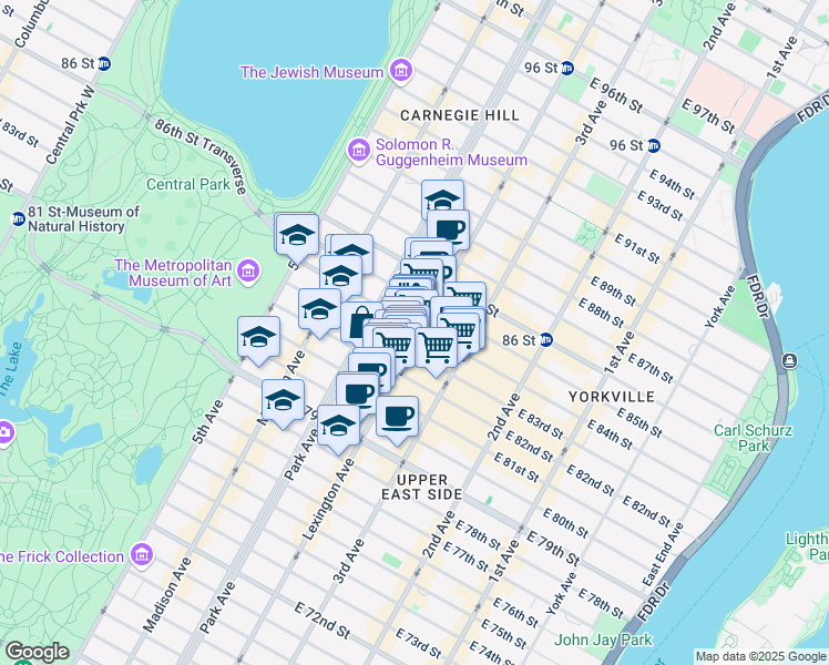 map of restaurants, bars, coffee shops, grocery stores, and more near 134 East 84th Street in New York