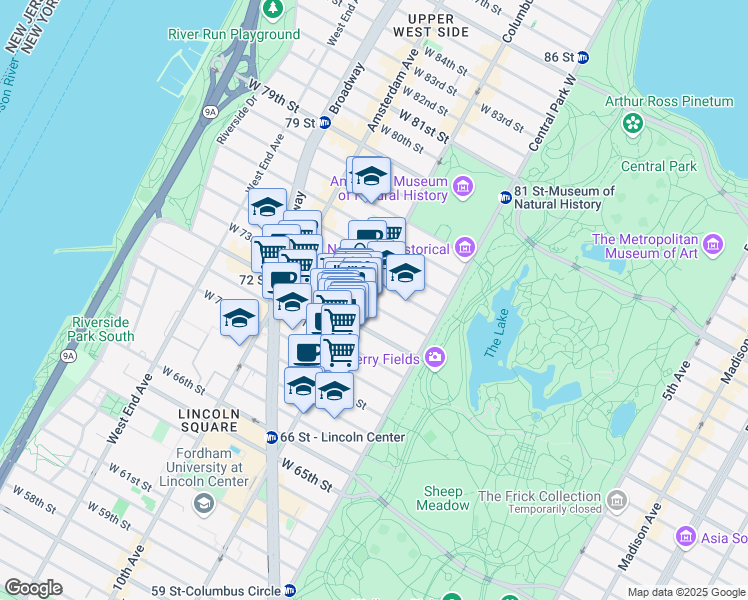 map of restaurants, bars, coffee shops, grocery stores, and more near 63 West 73rd Street in New York
