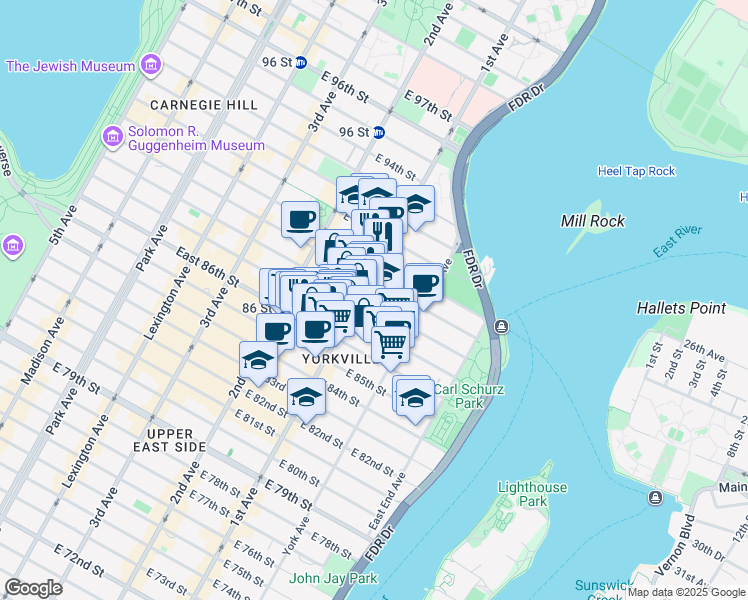 map of restaurants, bars, coffee shops, grocery stores, and more near 1689 1st Avenue in New York
