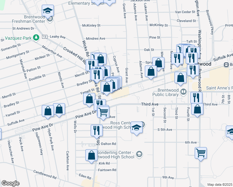map of restaurants, bars, coffee shops, grocery stores, and more near 29 Third Avenue in Brentwood