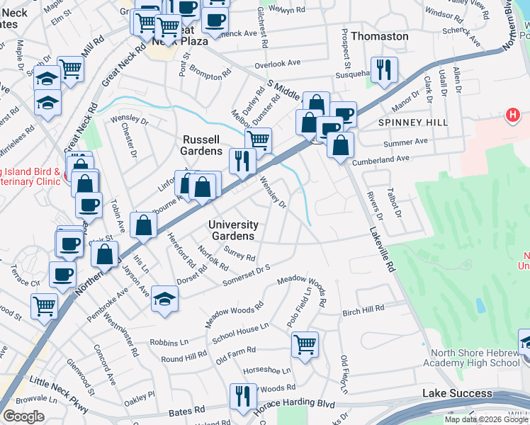 map of restaurants, bars, coffee shops, grocery stores, and more near 11 Rutland Road in Great Neck