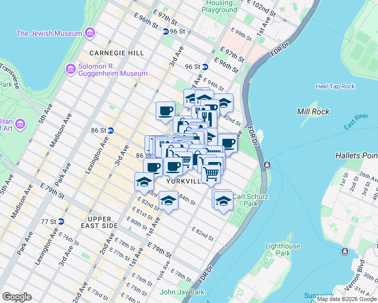map of restaurants, bars, coffee shops, grocery stores, and more near 1689 1st Avenue in New York