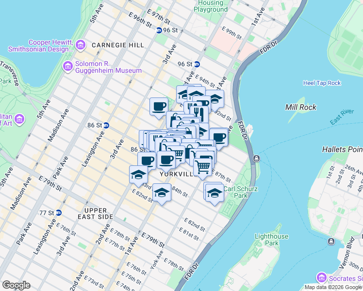 map of restaurants, bars, coffee shops, grocery stores, and more near 360 East 88th Street in New York