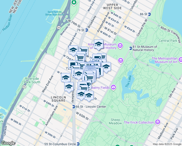 map of restaurants, bars, coffee shops, grocery stores, and more near 116 West 73rd Street in New York