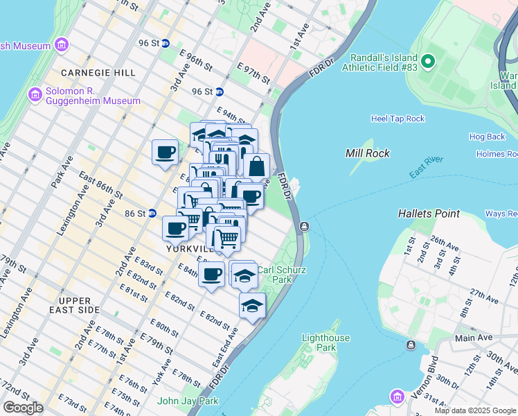 map of restaurants, bars, coffee shops, grocery stores, and more near 1700 York Avenue in New York