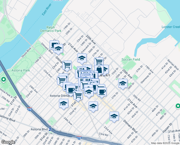 map of restaurants, bars, coffee shops, grocery stores, and more near 21-62 29th Street in Queens