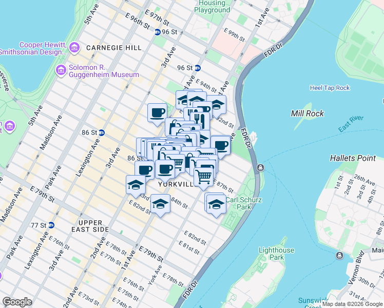 map of restaurants, bars, coffee shops, grocery stores, and more near 401 East 88th Street in New York