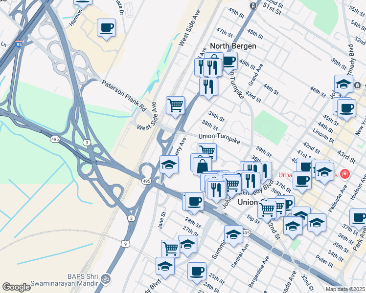 map of restaurants, bars, coffee shops, grocery stores, and more near 3507 Charles Court in North Bergen