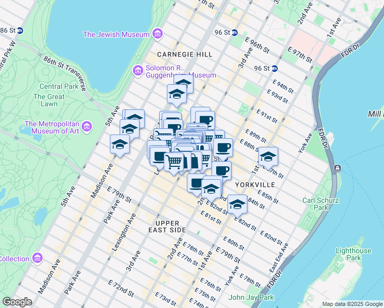 map of restaurants, bars, coffee shops, grocery stores, and more near 199 East 85th Street in New York