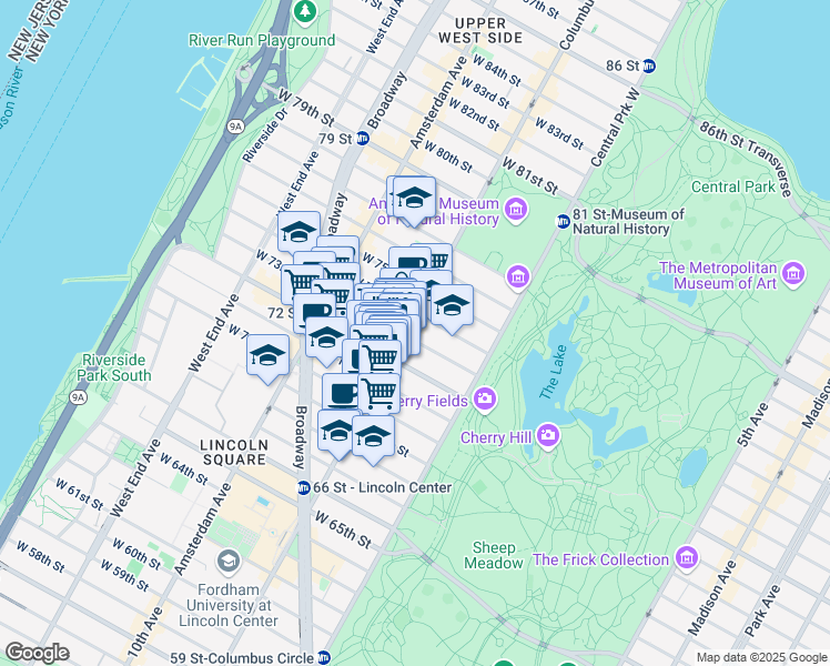 map of restaurants, bars, coffee shops, grocery stores, and more near 65 West 73rd Street in New York