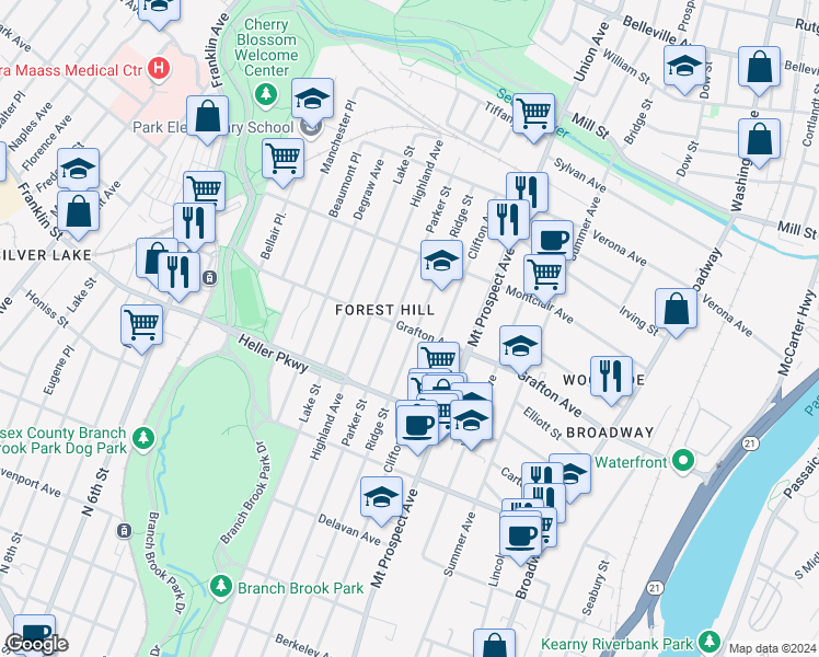 map of restaurants, bars, coffee shops, grocery stores, and more near 696 Ridge Street in Newark