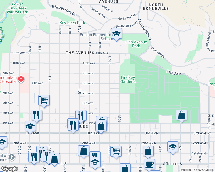 map of restaurants, bars, coffee shops, grocery stores, and more near 381 L Street East in Salt Lake City