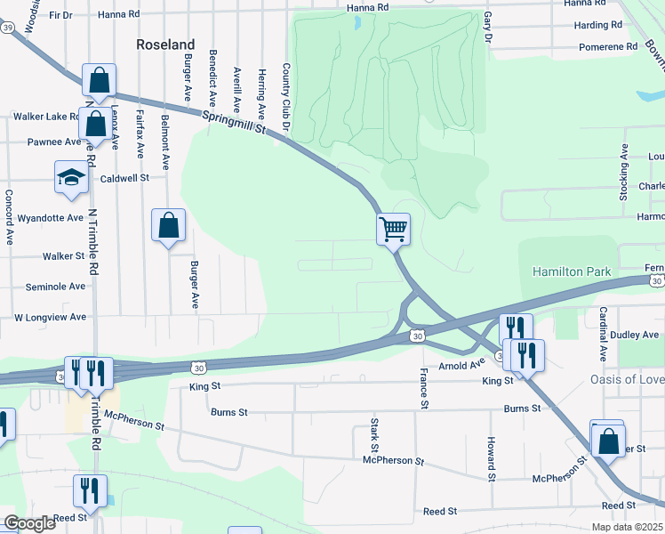 map of restaurants, bars, coffee shops, grocery stores, and more near 673 Armstrong Street in Mansfield