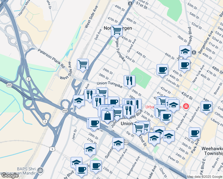 map of restaurants, bars, coffee shops, grocery stores, and more near 1448 37th Street in North Bergen