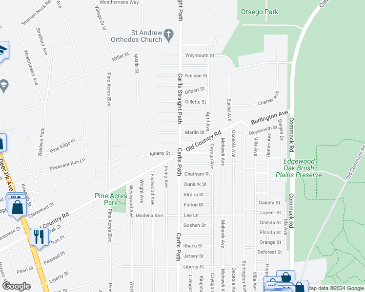 map of restaurants, bars, coffee shops, grocery stores, and more near 715 Carlls Path in Deer Park
