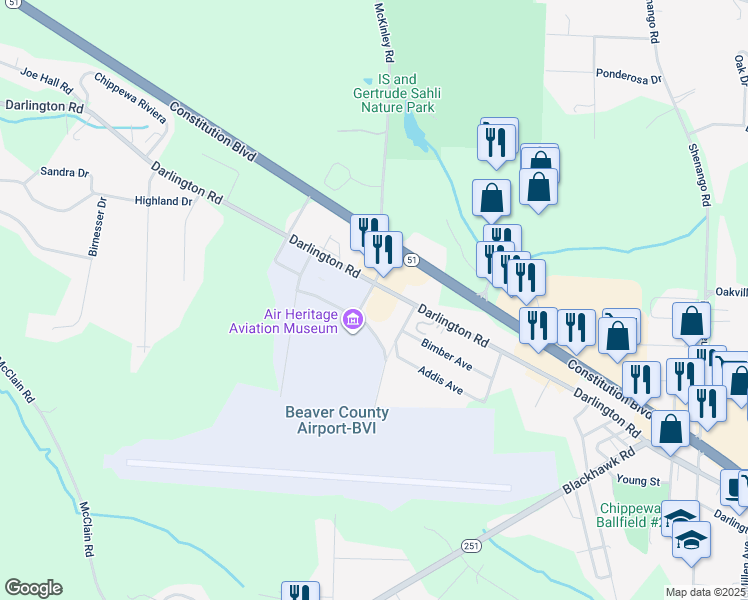 map of restaurants, bars, coffee shops, grocery stores, and more near 2765 Darlington Road in Beaver Falls