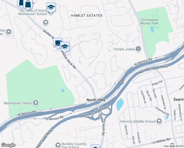 map of restaurants, bars, coffee shops, grocery stores, and more near 61550 Shelter Rock Road in Manhasset