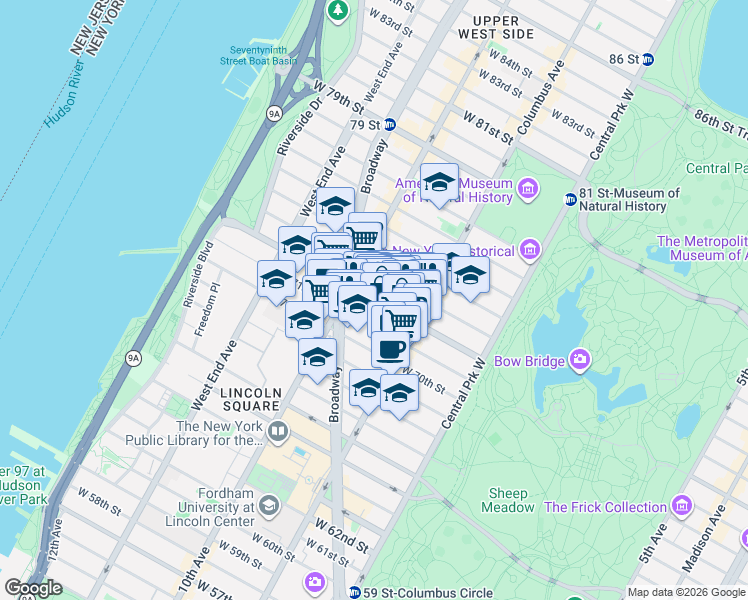 map of restaurants, bars, coffee shops, grocery stores, and more near West 72nd Street in New York