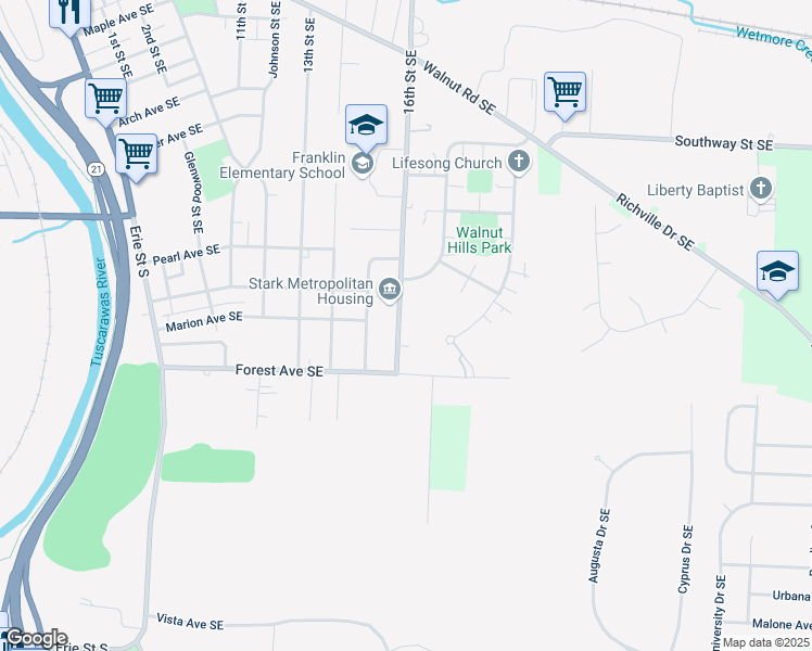 map of restaurants, bars, coffee shops, grocery stores, and more near 174 Huron Road Southeast in Massillon