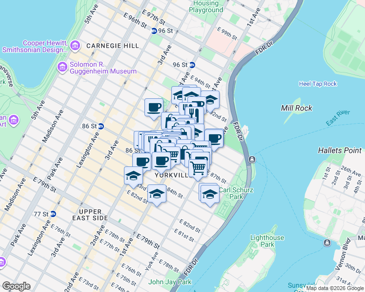map of restaurants, bars, coffee shops, grocery stores, and more near 1st Avenue & E 88th St in New York