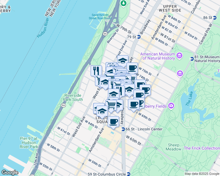 map of restaurants, bars, coffee shops, grocery stores, and more near 22484 West 70th Street in New York