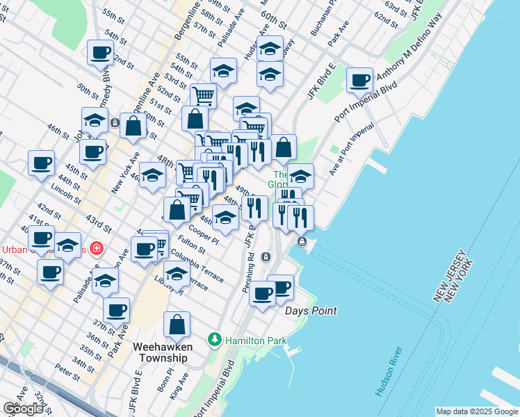 map of restaurants, bars, coffee shops, grocery stores, and more near 997 J F Kennedy Boulevard East in Weehawken