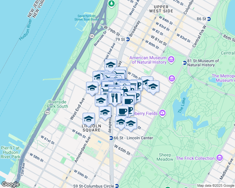 map of restaurants, bars, coffee shops, grocery stores, and more near 168 West 72nd Street in New York