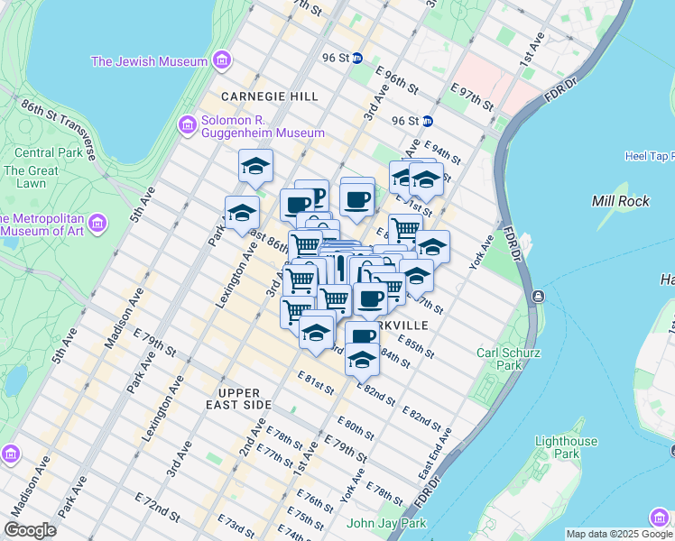 map of restaurants, bars, coffee shops, grocery stores, and more near 253 East 86th Street in New York