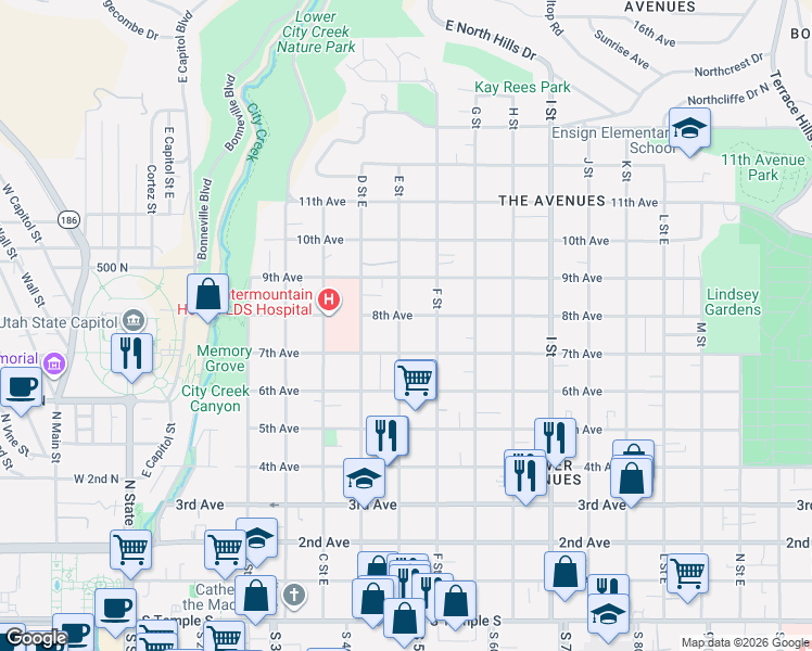 map of restaurants, bars, coffee shops, grocery stores, and more near 352 E Street East in Salt Lake City