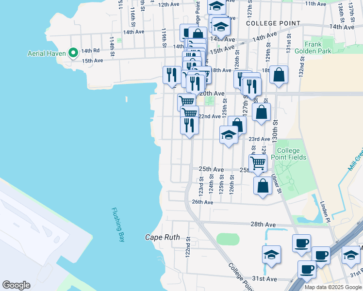 map of restaurants, bars, coffee shops, grocery stores, and more near 23-38 College Point Boulevard in Queens