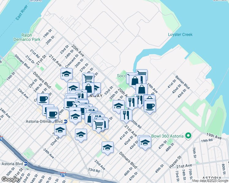 map of restaurants, bars, coffee shops, grocery stores, and more near 20-28 36th Street in Queens