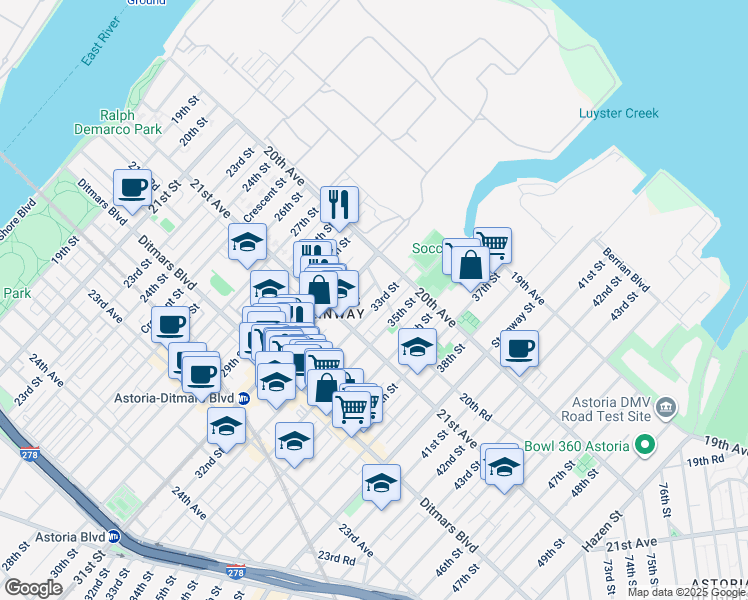 map of restaurants, bars, coffee shops, grocery stores, and more near 2063 33rd Street in Queens