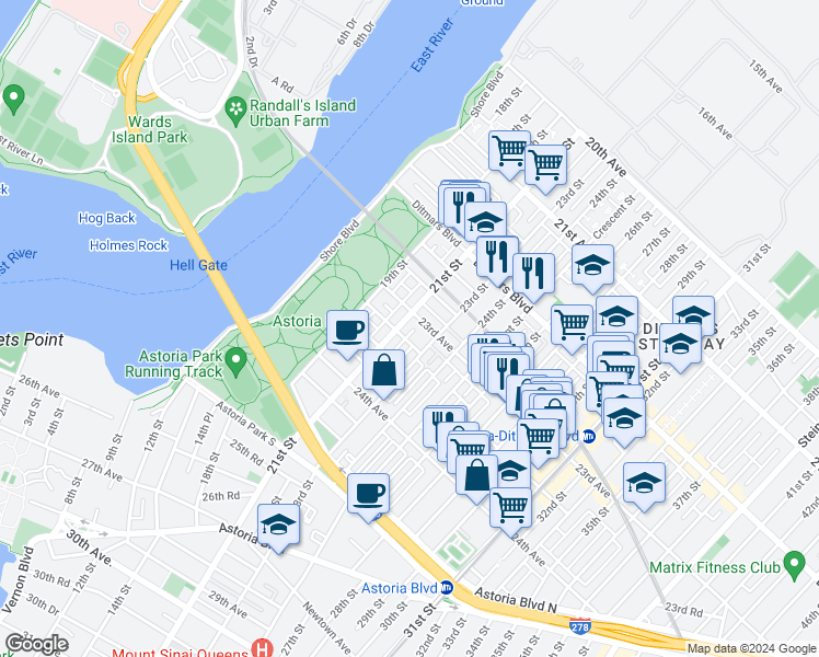 map of restaurants, bars, coffee shops, grocery stores, and more near 23-17 23rd Street in Queens