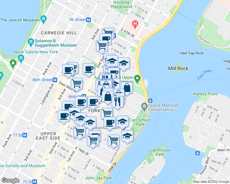 map of restaurants, bars, coffee shops, grocery stores, and more near 438 East 88th Street in New York