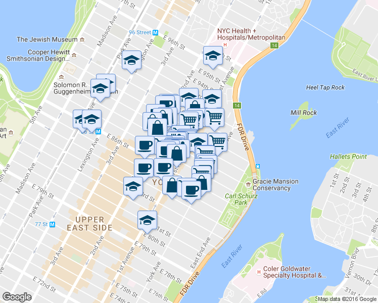map of restaurants, bars, coffee shops, grocery stores, and more near 1689 1st Avenue in New York