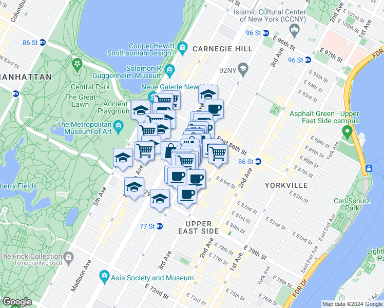 map of restaurants, bars, coffee shops, grocery stores, and more near in New York