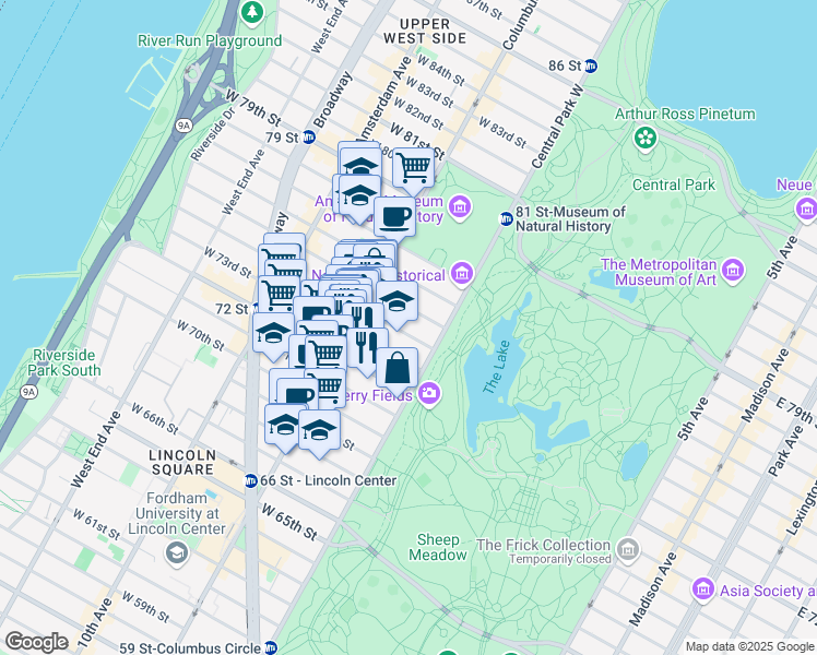 map of restaurants, bars, coffee shops, grocery stores, and more near 4 West 74th Street in New York