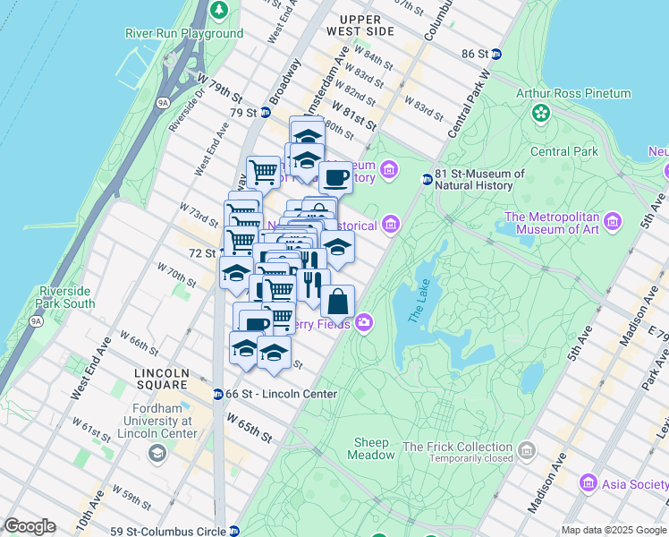 map of restaurants, bars, coffee shops, grocery stores, and more near 24 West 73rd Street in New York
