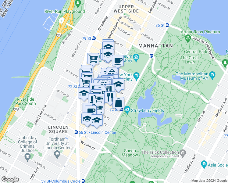 map of restaurants, bars, coffee shops, grocery stores, and more near 24 West 73rd Street in New York