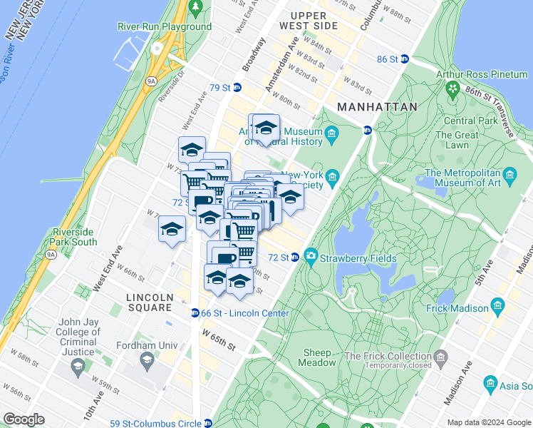 map of restaurants, bars, coffee shops, grocery stores, and more near in New York