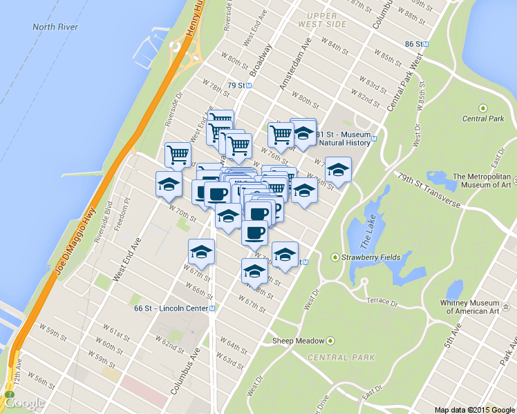 map of restaurants, bars, coffee shops, grocery stores, and more near in New York