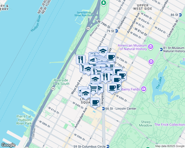map of restaurants, bars, coffee shops, grocery stores, and more near 22484 West 70th Street in New York